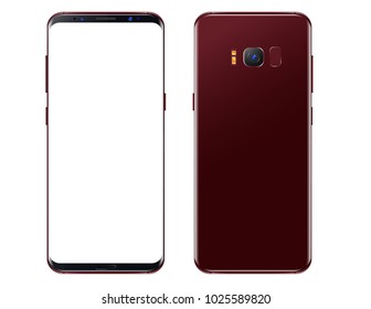 New Smartphone BURGUNDY - RED. Front view and black view. Isolated on a transparancy background. To represent your application.