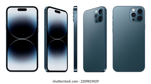 new smartphone frameless blue color with colored screen saver front and backside view isolated on white background. mockup of realistic new mobile phone with shadow. vector 3d isometric illustration