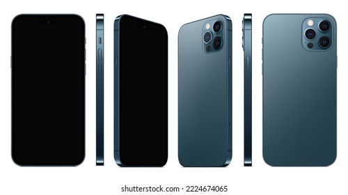 nuevo smartphone color azul sin marco con vista frontal, posterior y lateral de pantalla negra aislado en fondo blanco. burla a un teléfono móvil realista con sombra. ilustración isométrica vectorial 3d