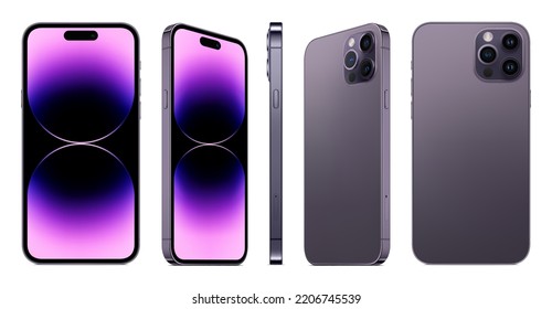 new smartphone frameless purple color with colored screen saver front and backside view isolated on white background. mockup of realistic new mobile phone with shadow. vector 3d isometric illustration