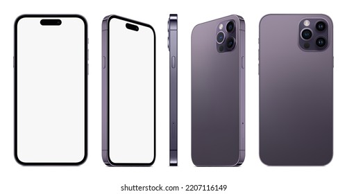 nuevo color violeta sin marco para smartphone con pantalla en blanco y vista frontal y trasera aislada en fondo blanco. burla a un nuevo teléfono móvil realista con sombra. ilustración isométrica vectorial 3d