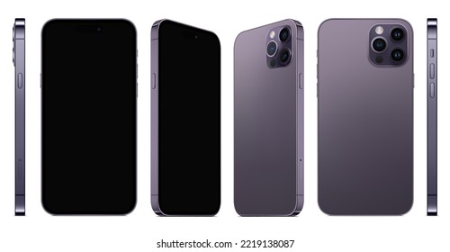 new smartphone frameless purple color with black screen saver front, back and side view isolated on white background. mockup of realistic new mobile phone with shadow. vector 3d isometric illustration