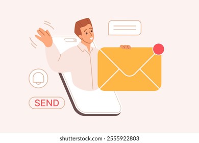 New SMS or email notification, inbox messages reminder in platforms mailbox. Man on mobile phone screen holding big envelope with letter or newsletter to notify document cartoon vector illustration