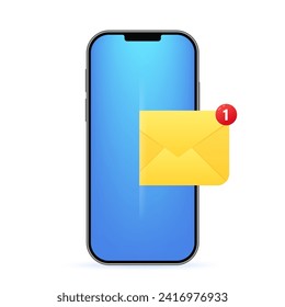 New sms or email notification on mobile phone on background. Envelope unread message from screen template. Chatting, mail, post, emblem with new notification for UI UX website. Vector illustration