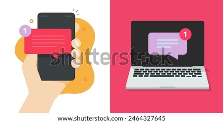 New sms message on cell phone screen and new email notification notice reminder on computer laptop pc vector icon graphic illustration set, chat messenger app flat cartoon style image clip art