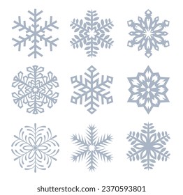 Neuer Snowflakes-WeihnachtsVektorsatz einzeln auf neun Symbolsilhouette auf weißem Hintergrund
