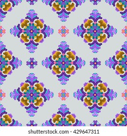 New soft awesome actual plane original fantastic flower pattern and flora ornament with varicolored elements, pink, violet and blue. Vector, design, art. Symmetric fantasy and summer theme