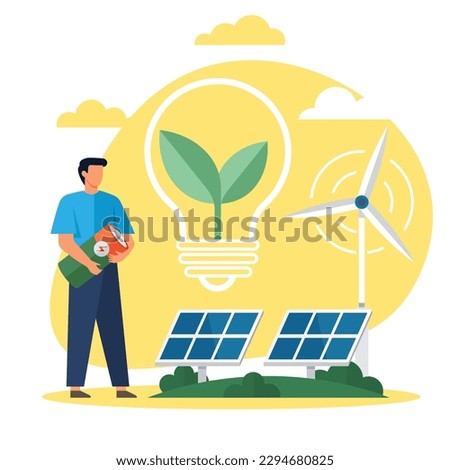 New solar battery generates a pure electricity. Sun power photovoltaic PV home system and renewable electric energy technology off the grid OTG inverter, charge controller, battery, meter solar panels