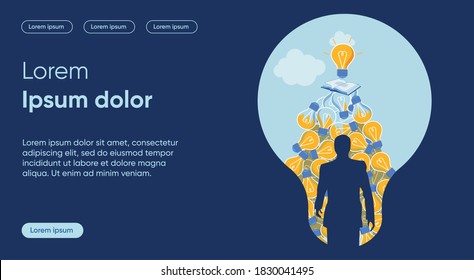 New Solution Flat Landing Page Vector Template. Innovative Idea Birth, Experience and Study Result Metaphor. Male Silhouette with Lightbulbs Bunch Faceless Character. Idea Generation Homepage Layout