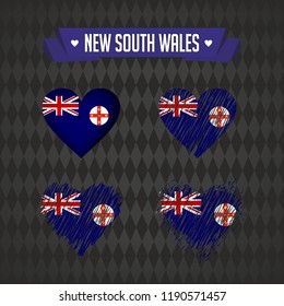 New South Wales heart with flag inside. Grunge vector graphic symbols