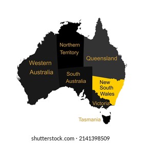 New South Wales map. Australian map vector silhouette illustration isolated on white background. Separated countries over Australia map. Continent symbol. Queensland map. Victoria. Tasmania. 