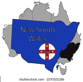 A New South Wales map and flag isolated on a white background