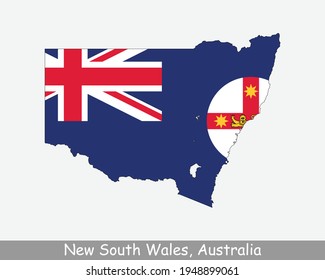 New South Wales Map Flag. Map of NSW with state flag isolated on white background. Australian State on the east coast of Australia. Vector illustration