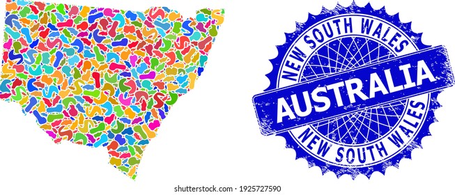 New South Wales map vector image. Spot collage map and distress stamp for New South Wales. Sharp rosette blue stamp with tag for New South Wales map.