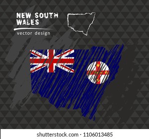 New South Wales national vector map with sketch chalk flag. Sketch chalk hand drawn illustration