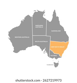 New South WAles on orange color , Map of Australia in Mono Color Light grey, vector illustration isolated on white background
