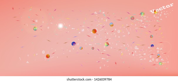 New space and signs confetti. Background blur. Professional colorific illustration. Ultra Wide background art inspire. Colorful cool abstraction. Coral main color.