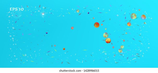 New space and signs confetti. Background color. Signs colorific illustration. Abstract universe and signs Ultra Wide background illustration. Colorful pristine abstraction. Azure main theme.