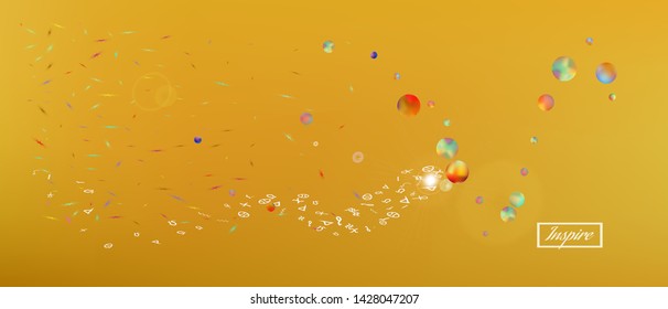 New space and signs confetti. Signs colorific illustration. Background bright. Light Ultra Wide background. Colorful crisp abstraction. Gold colored.
