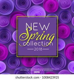 New Spring Collection background decorated ultra violet paper rose flowers. Vector illustration