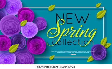 New Spring Collection background decorated ultra violet paper rose flowers. Vector illustration