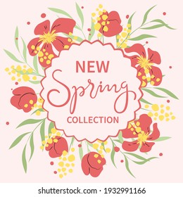 New Spring collection. Banner template for social networks with colotful flowers and lettering. Suitable for promotions, stories, post and internet ads. Vector illustration.