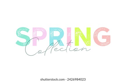 New spring collection lettering text on white background. Vector design for social media post, print label, poster, promo banner, flyer. New arrival latest colection business label.