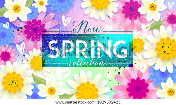New Spring collection Sale Banner. Paper cut\
Floral card. Spring blossom. Happy Women\'s Day. 8 March. Text.\
Seasonal holiday. Spring Sale Poster, voucher discount. Memphis\
style spring summer