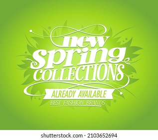 New spring collections already available, vector advertising web banner or poster design template, fresh green colours