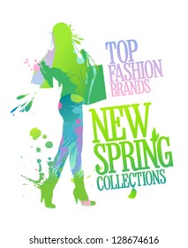 New spring collections design template with shopping woman silhouette and splashes.