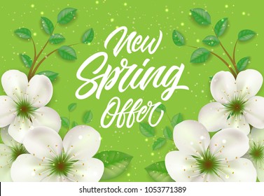New spring offer poster design with blooming apple tree twigs on green background. Calligraphic inscription can be used for brochures, leaflets, banners.