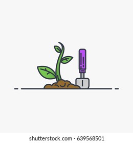 New sprout growing. Soil, garden shovel and green young plant. Line style, flat vector illustration. Leaves and stem. Gardening concept.