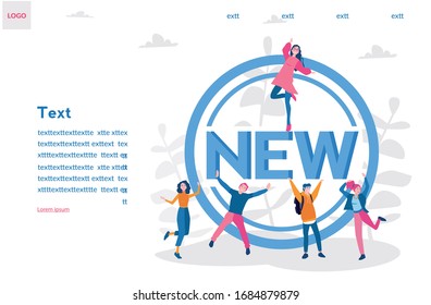 New stamp, happy people near word NEW Vector illustration for web banner, infographics, mobile