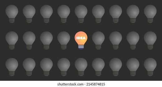 New Standout Idea - Dark Light Bulbs Pattern Concept Design - Rows of Bulbs, Light On in One in the Center - Illustration in Editable Vector Format