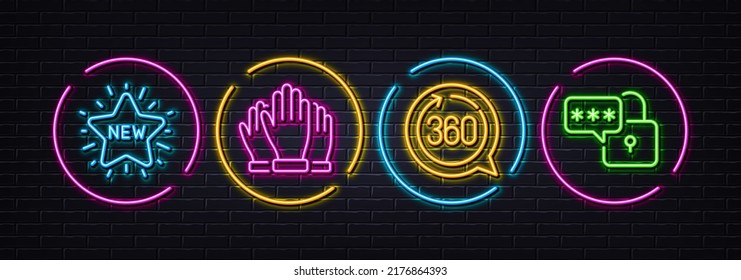 New star, Vote and 360 degrees minimal line icons. Neon laser 3d lights. Lock icons. For web, application, printing. Shopping, Voting hands, Full rotation. Padlock pass. Neon lights buttons. Vector