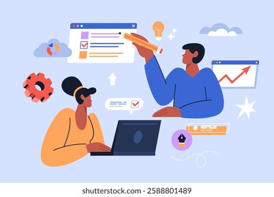 New start up project business concept. Modern vector illustration of people searching for business idea, market research and branding
