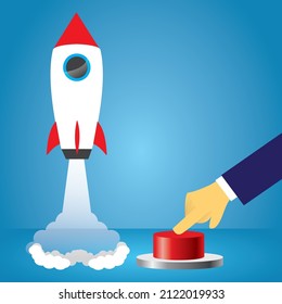 New start up project launch concept,illustration of person hand push launcher button with spacecraft rocket start to take out flying