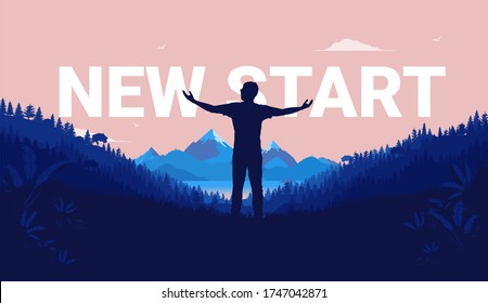 New start - Silhouette of man standing with open arms in landscape with a view to mountains and sea. Aspiration, life changes and new beginnings concept. Vector illustration.