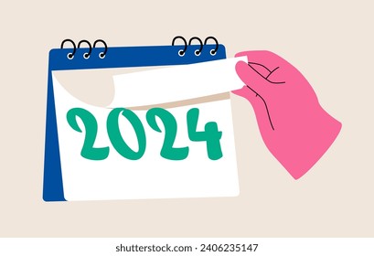 New start, working project plan or reminder concept. Hand turning page on calendar 2024. Colorful vector illustration
