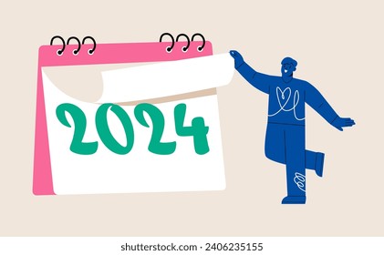 New start, working project plan or reminder concept. Man turning page on calendar 2024. Colorful vector illustration
