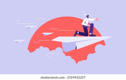 New startup, growth and progress vector concept, businessman flying with paper plane