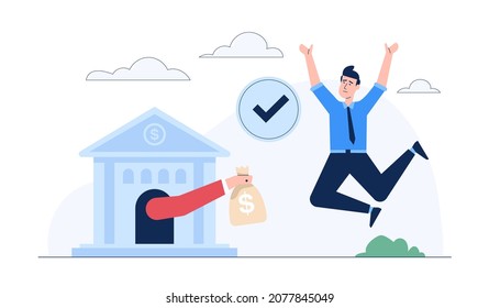 A new startup has successfully applied for a loan from a bank. entrepreneur successful business negotiations and approved loan credit approval or conclusion of the contract. flat vector illutration 