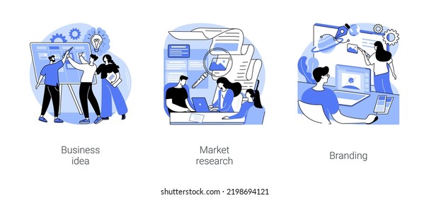 New startup project isolated cartoon vector illustrations set. Group of diverse people discuss business idea, brainstorming, market research, analyze competitors, create a trademark vector cartoon. - Shutterstock ID 2198694121