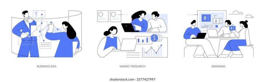 New startup project isolated cartoon vector illustrations set. Group of diverse people discuss business idea, brainstorming, market research, analyze competitors, create a trademark vector cartoon.