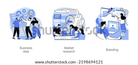 New startup project isolated cartoon vector illustrations set. Group of diverse people discuss business idea, brainstorming, market research, analyze competitors, create a trademark vector cartoon.