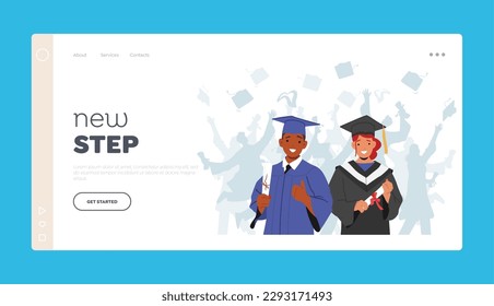 New Step Landing Page Template. Happy Girl And Boy Graduate In Their Graduation Gowns And Caps, Holding Diplomas And Celebrating Academic Achievements With Smiles. Cartoon People Vector Illustration