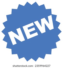 New sticker, blue color flat style promotion label for new shop products. Star shaped vector illustration graphic, angled text design badge, tag for web, UI, app, mobile. Isolated on white.