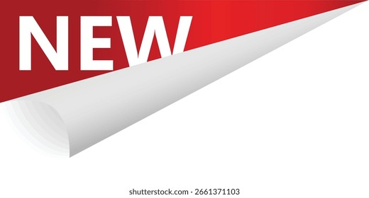 Nuevo, esquina rizada de la etiqueta engomada aislada en el fondo blanco. Insignia roja, etiqueta. Vector