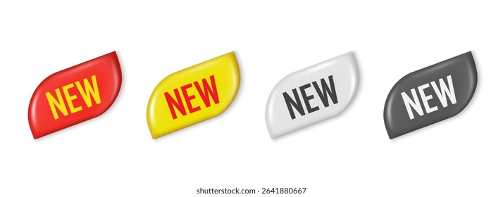 New sticker label vector design. 3D Round sticker badge with new product. Advertising discounts symbol. Promotion for advertisement, special offer, best choice. Trendy and modern vector in 3d style.