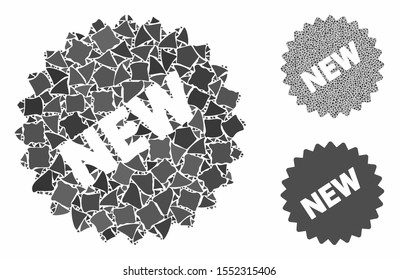 New sticker mosaic of rough items in various sizes and color tints, based on new sticker icon. Vector joggly items are grouped into mosaic. New sticker icons collage with dotted pattern.